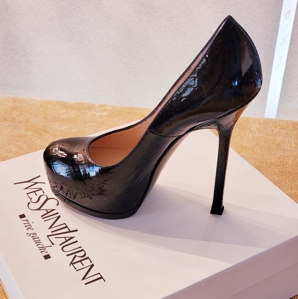 YSL Tribute Pump Vernice Soft Croc Chess,  Color Black/ Brown/Beige, Size 37 (7)